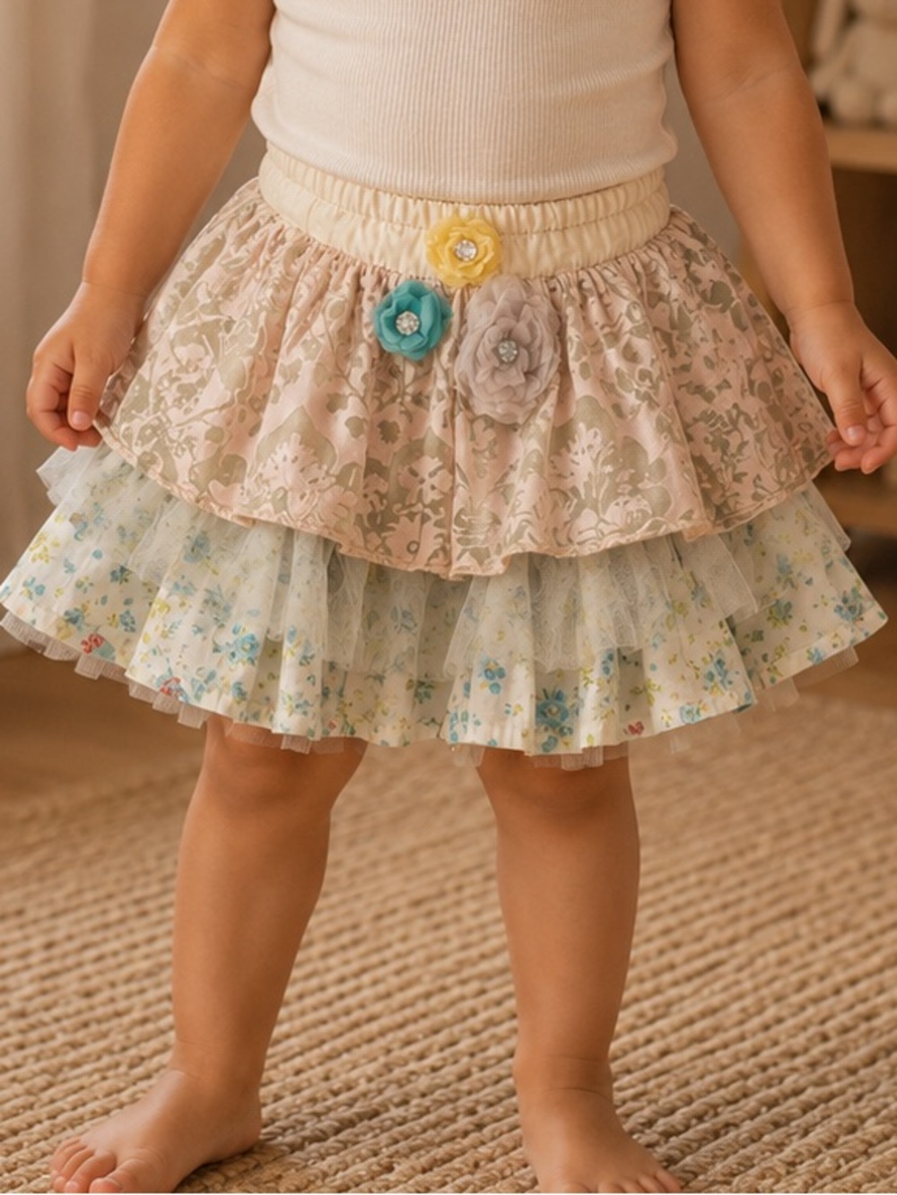 Whimsical Ruffle Layered Floral Tulle Skirt Girls Flower Appliqués Shabby Chic